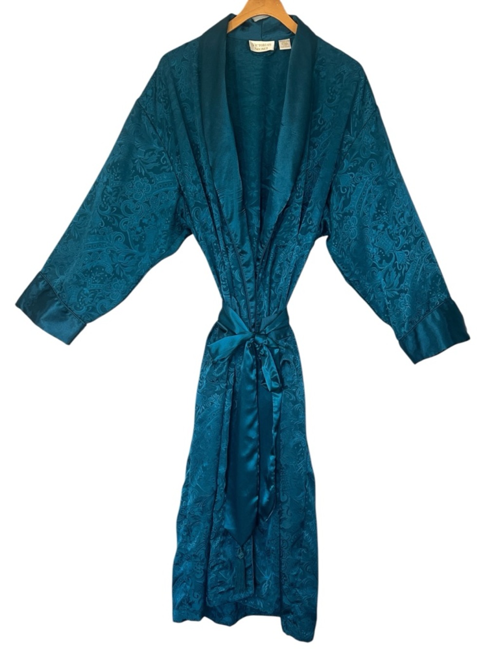 Victoria's Secret Gold Label Paisley Satin Robe with Belt Size P/S Teal Vintage